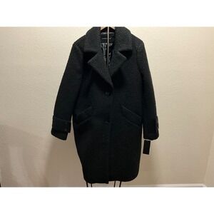 ANDREW MARC Black Textured Wool Blend Coat Classic Button Front Oversized Fit